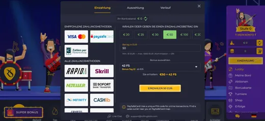 Kasse: Einzahlen per Visa, Skrill oder Paysafecard
